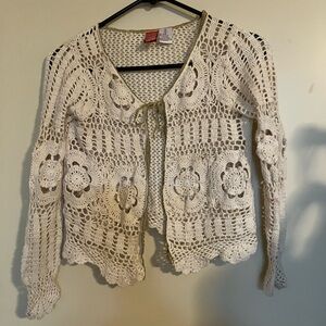 Vtg 90s Cherry Stix Crochet Cottagecore Boho Open-Front Cream Sweater Size M